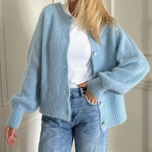 Light Blue Button-Up Cardigan Knitted Cardigan Sweater Crewneck Knitwear Top